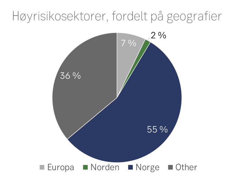 Kakediagram som viser høyrisikosektorer fordelt på geografier